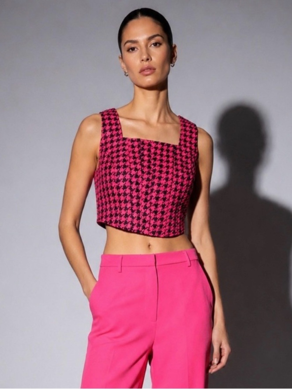 Walter Baker Imani Houndstooth Tweed Crop Top Pink Black Sleeveless Size XS NWT